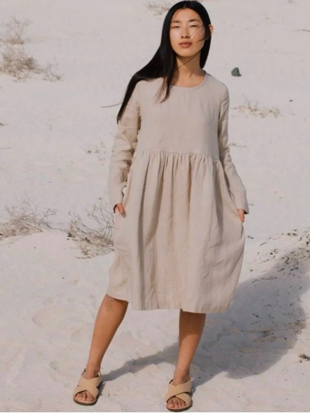 notPERFECTLINEN Natural Beige Long-Sleeve Gathered Waist Linen Dress